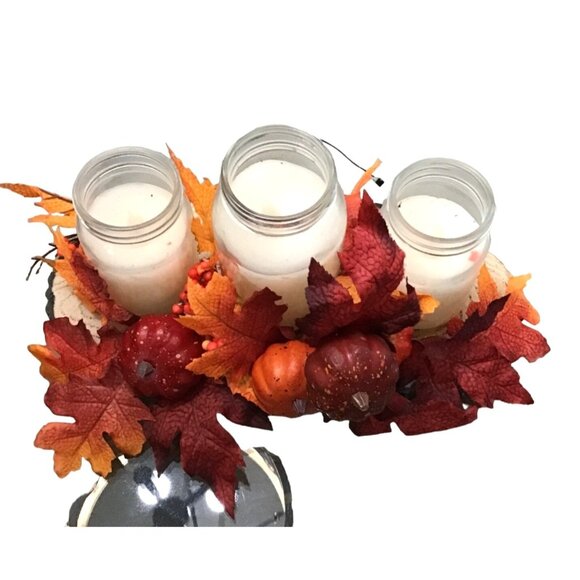 THANKSGIVING MAPLE LEAF CENTERPIECE ARRANGEMENT WITH 3-CENTER CANDLES BATTERY OP - Picture 3 of 6